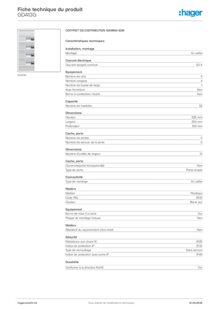 Image Hager Fiche technique du produit GD413G | Hager Suisse