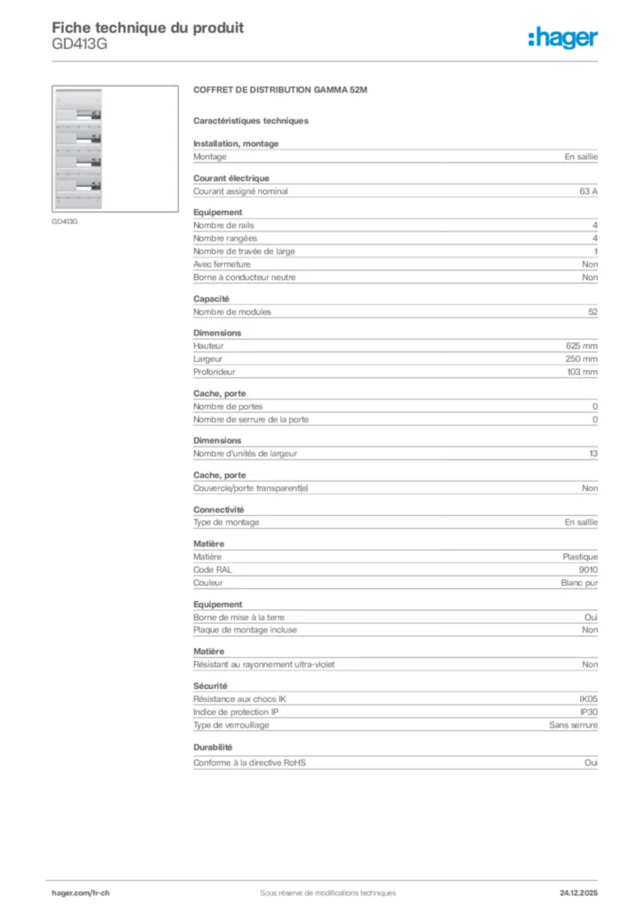 Image Hager Fiche technique du produit GD413G | Hager Suisse