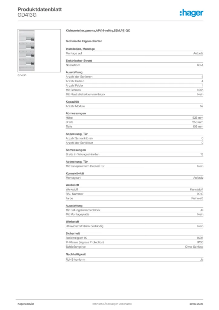 Bild Hager Produktdatenblatt GD413G | Hager Deutschland