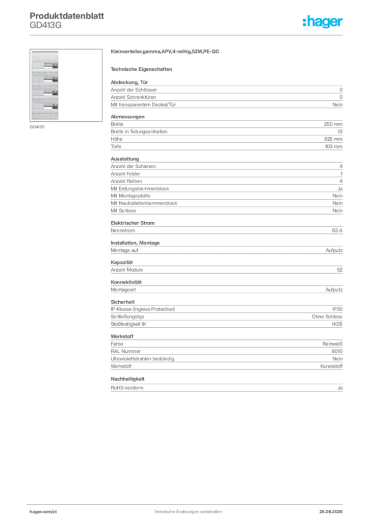 Bild Hager Produktdatenblatt GD413G | Hager Deutschland