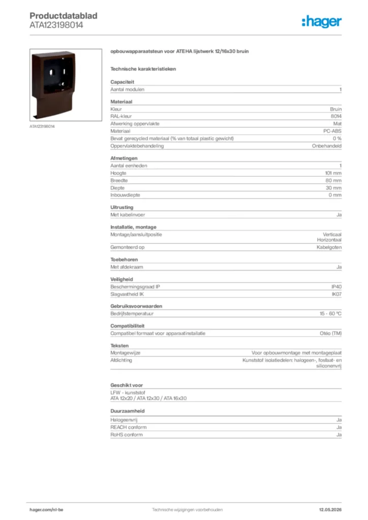 Afbeelding Hager Productdatablad ATA123198014 | Hager Belgium