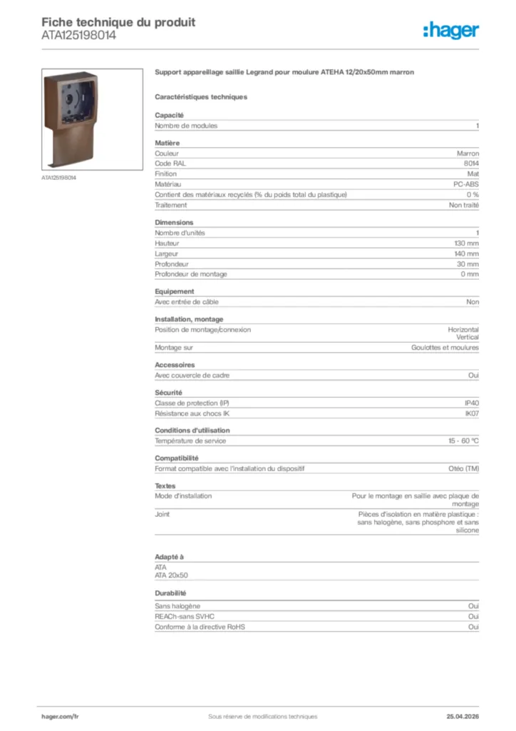 Image Hager Fiche technique du produit ATA125198014 | Hager France