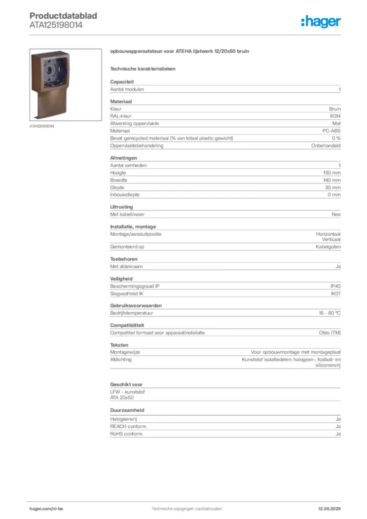 Afbeelding Hager Productdatablad ATA125198014 | Hager Belgium