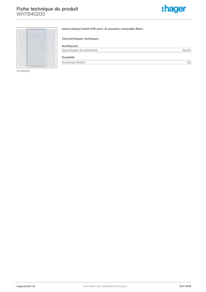 Image Hager Fiche technique du produit WHTB40200 | Hager Suisse