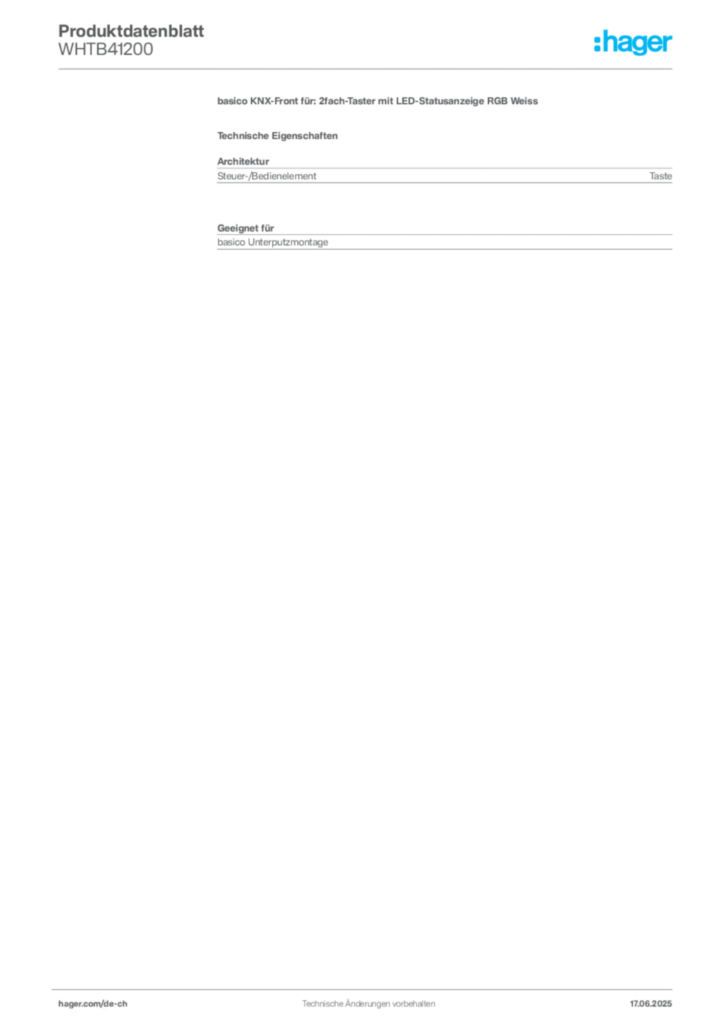 Bild Hager Produktdatenblatt WHTB41200 | Hager Schweiz