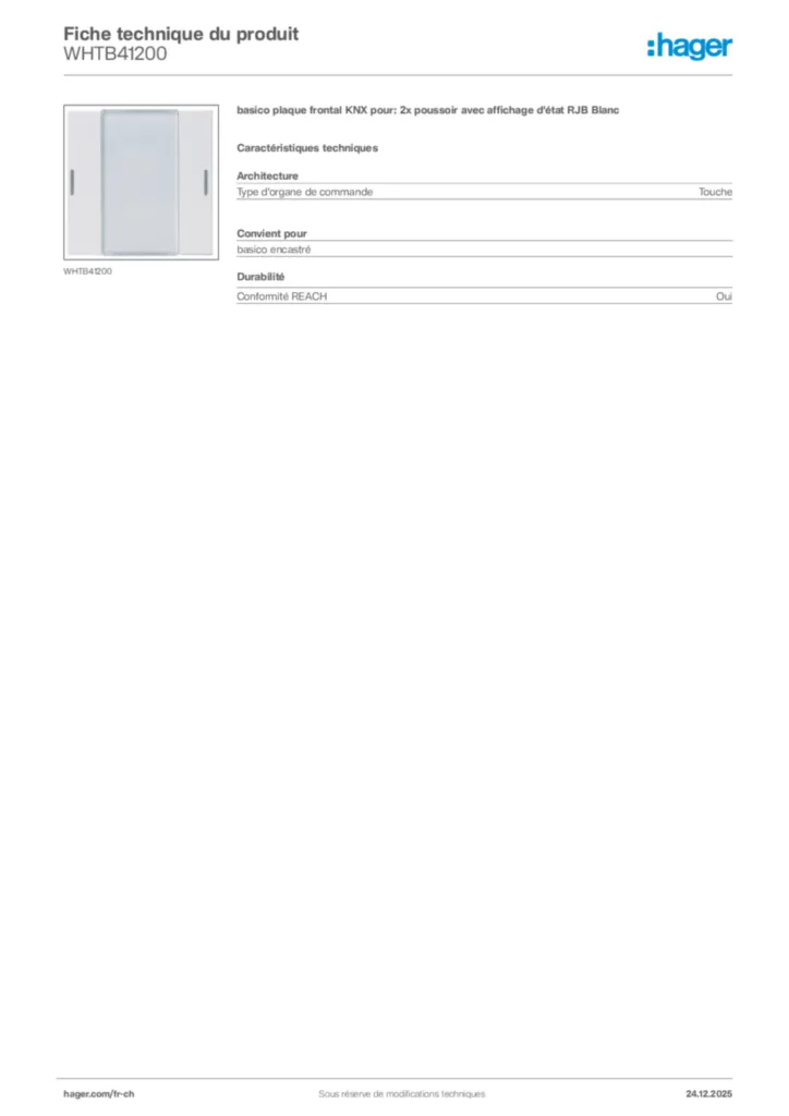 Image Hager Fiche technique du produit WHTB41200 | Hager Suisse