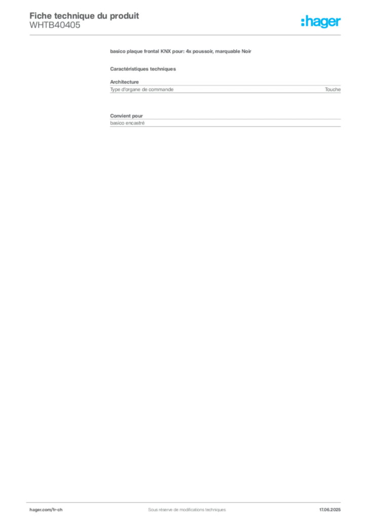 Image Hager Fiche technique du produit WHTB40405 | Hager Suisse