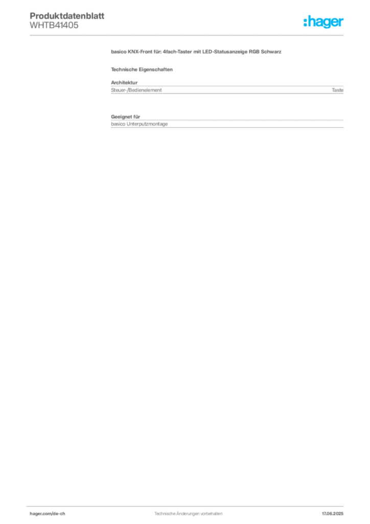 Bild Hager Produktdatenblatt WHTB41405 | Hager Schweiz