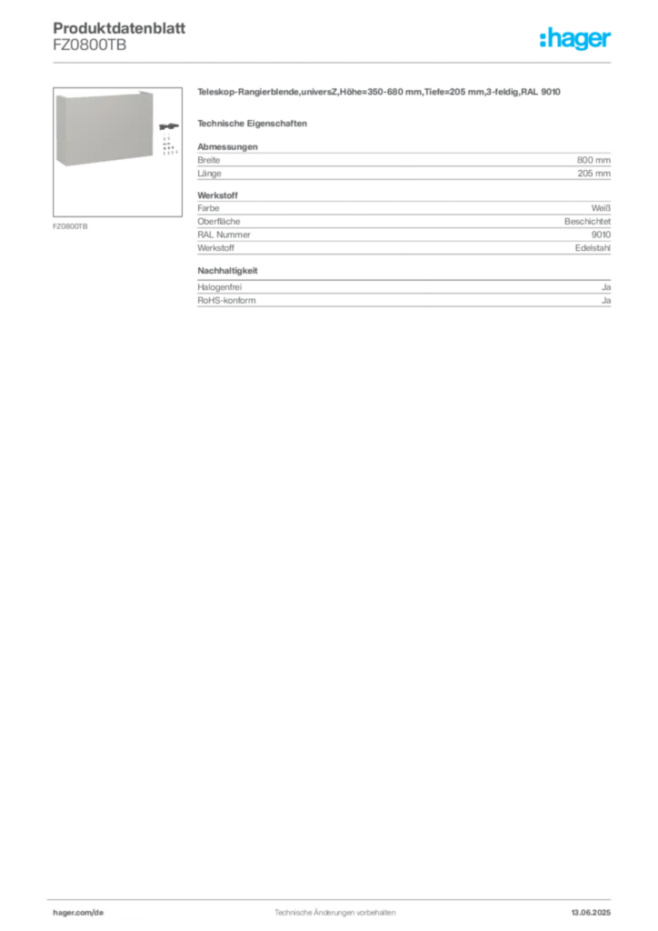 Hager Produktdatenblatt FZ0800TB