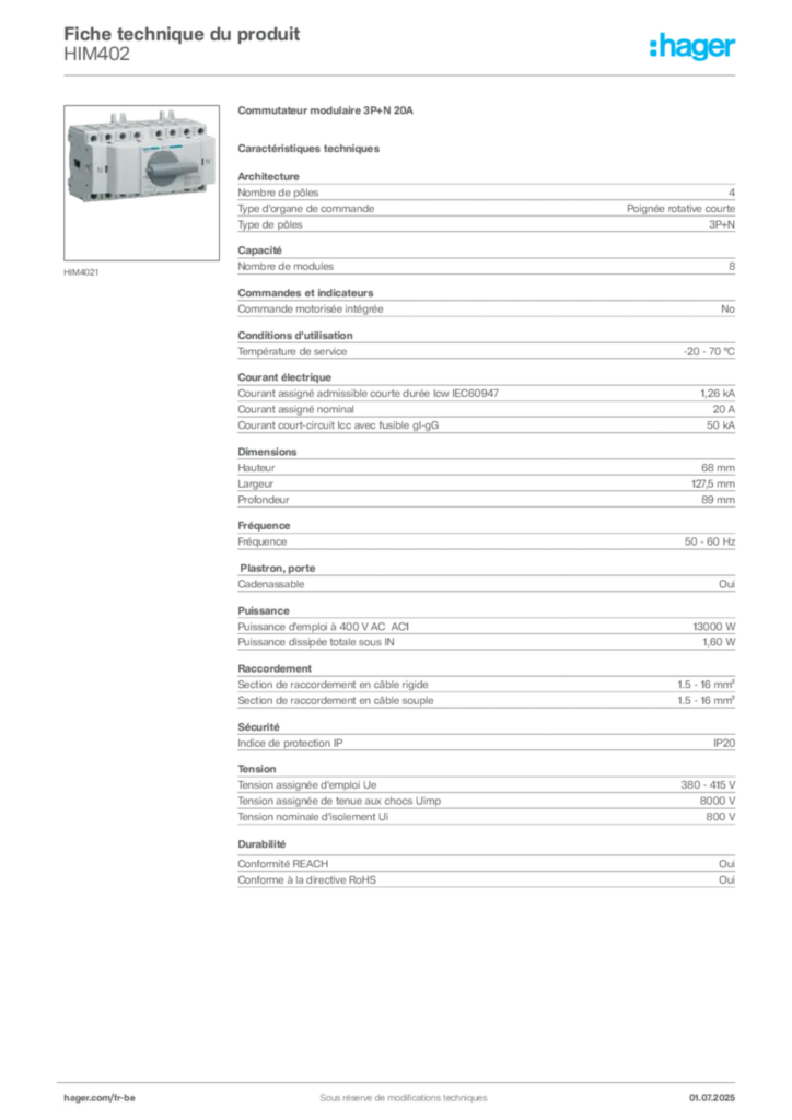 Image Hager Fiche technique du produit HIM402 | Hager Belgique