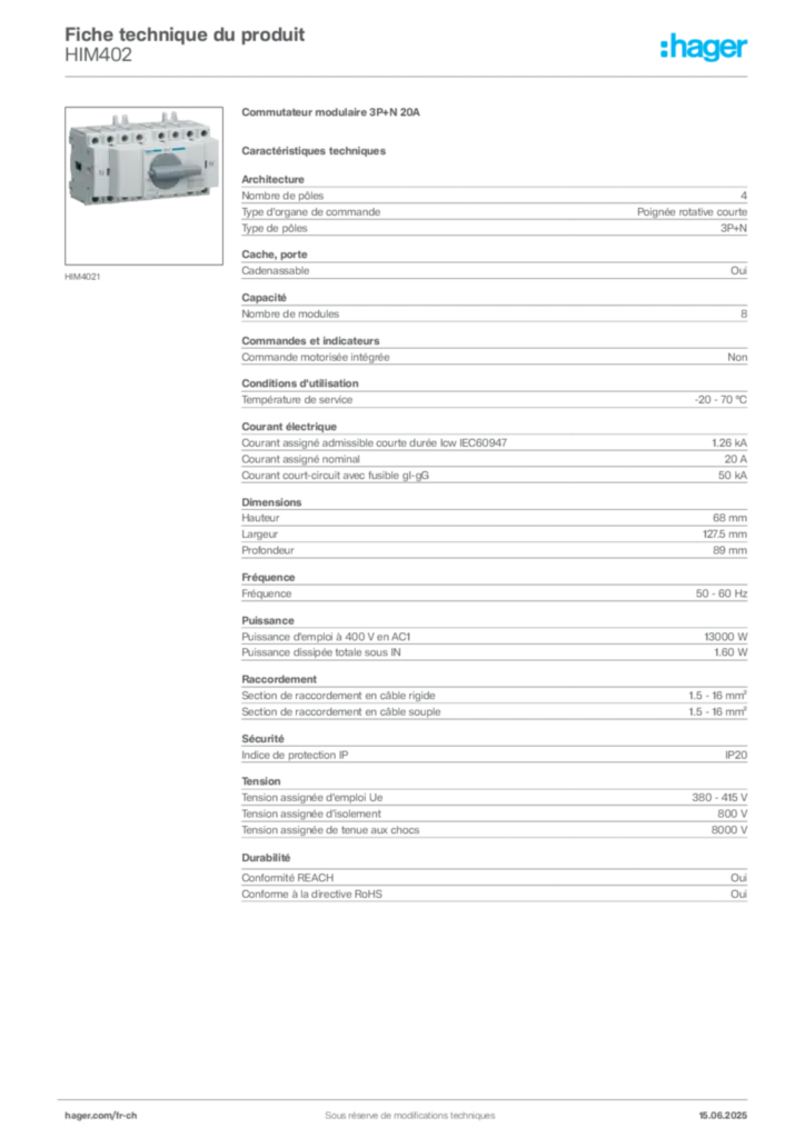 Image Hager Fiche technique du produit HIM402 | Hager Suisse