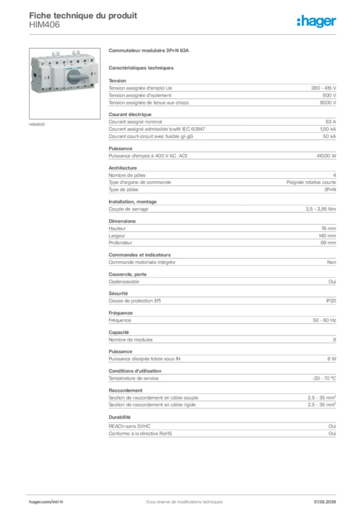 Image Hager Fiche technique du produit HIM406 | Hager Afrique