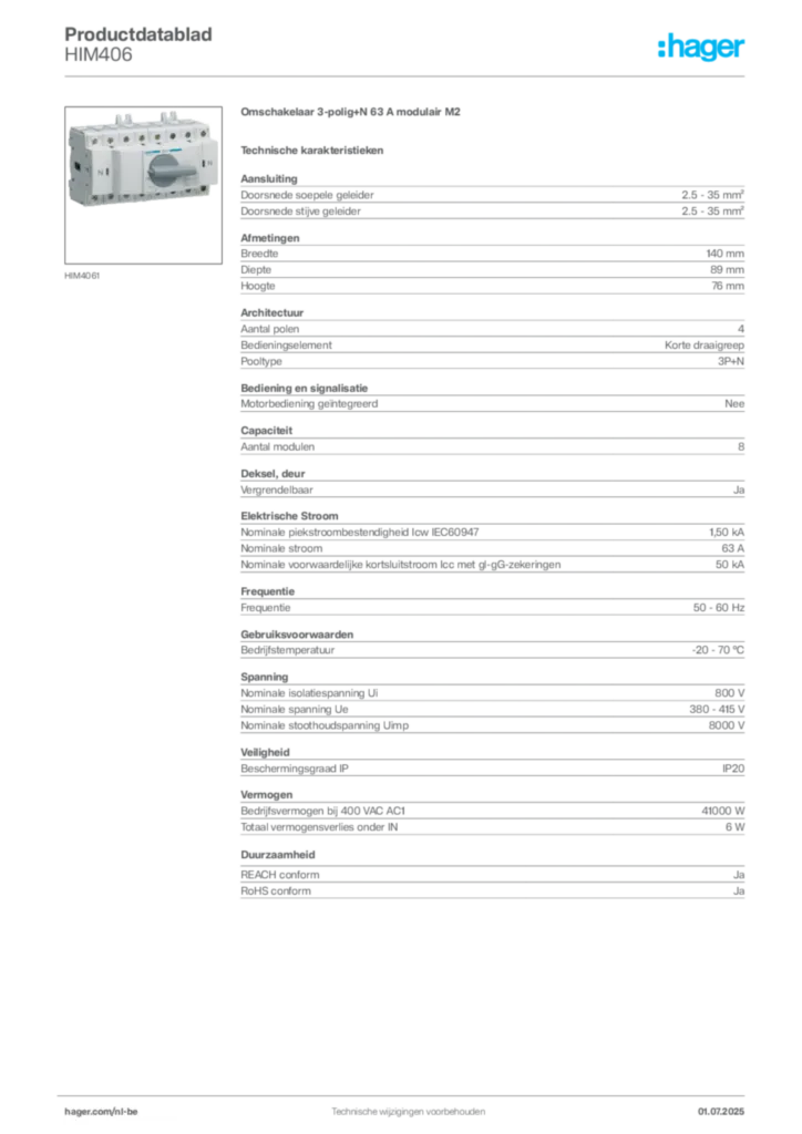 Afbeelding Hager Productdatablad HIM406 | Hager Belgium