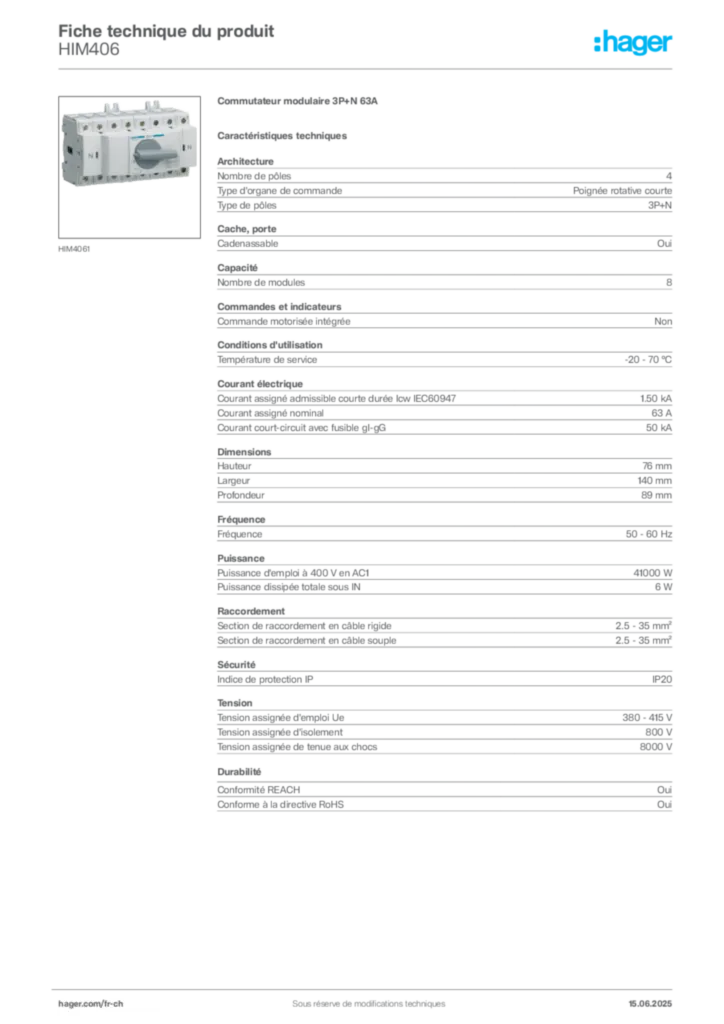 Image Hager Fiche technique du produit HIM406 | Hager Suisse