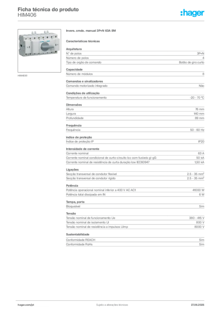 Imagem Hager Ficha técnica do produto HIM406 | Hager Portugal