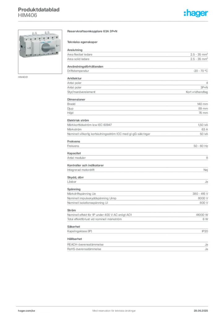 Bild Hager Produktdatablad HIM406 | Hager Sverige