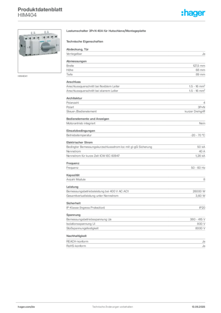 Hager Produktdatenblatt HIM404