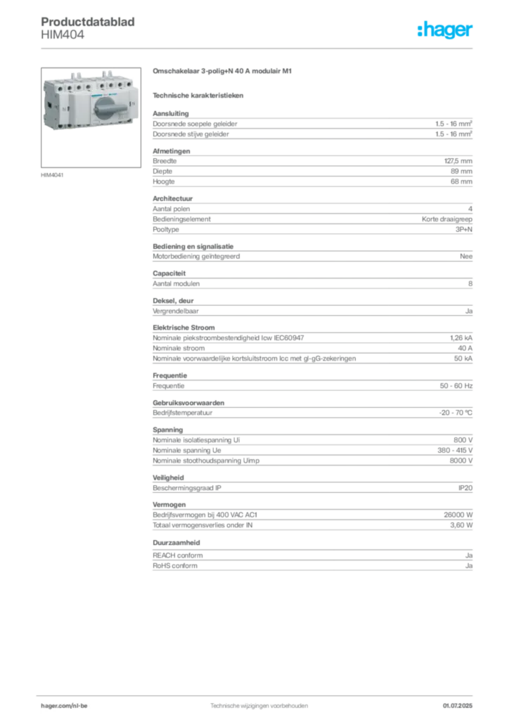 Afbeelding Hager Productdatablad HIM404 | Hager Belgium