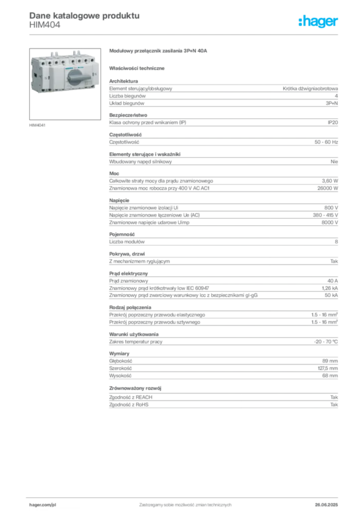 Zdjęcie Hager Dane katalogowe produktu HIM404 | Hager Polska