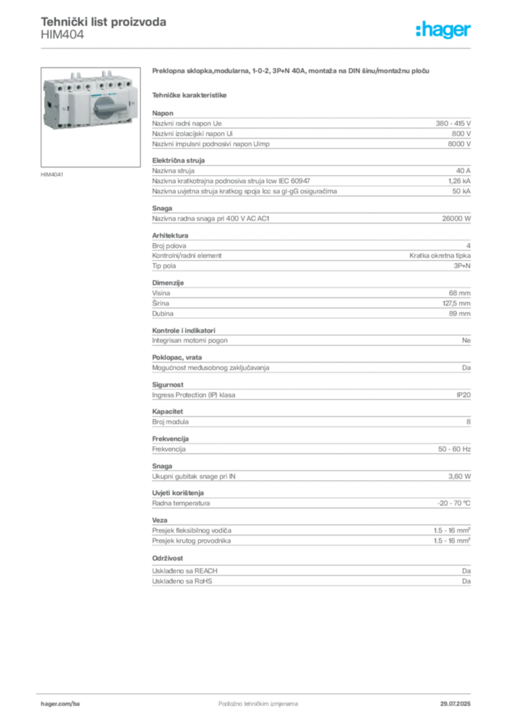 Slika Hager Product data sheet HIM404  | Hager