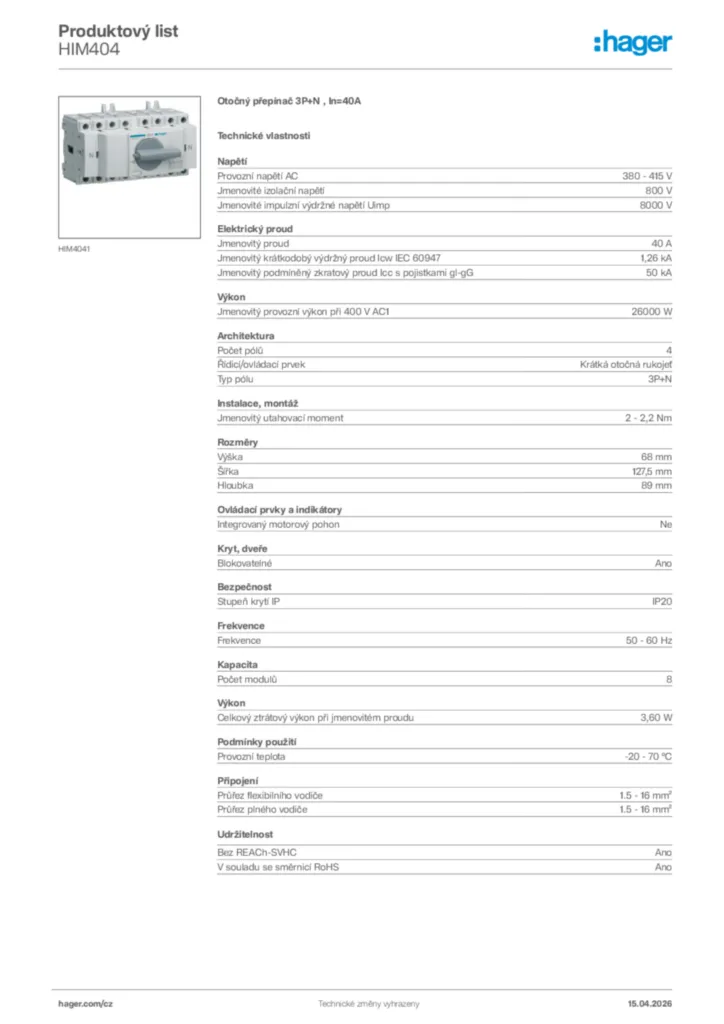 Obrázek Hager Product data sheet HIM404 | Hager