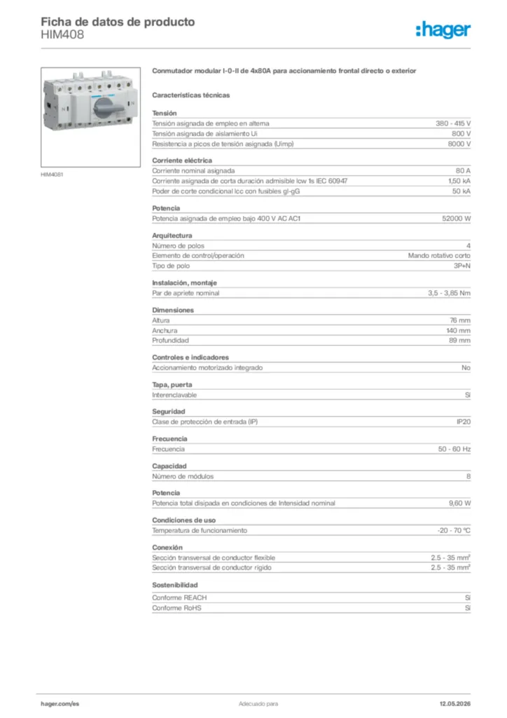Imagen Hager Ficha de datos de producto HIM408 | Hager España