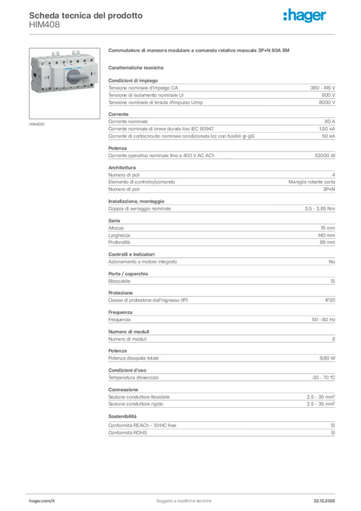 Immagine Hager Scheda tecnica del prodotto HIM408 | Hager Italia