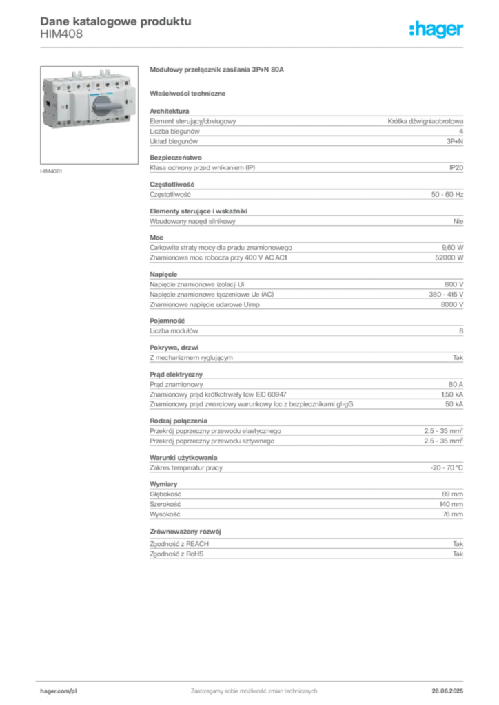 Zdjęcie Hager Dane katalogowe produktu HIM408 | Hager Polska