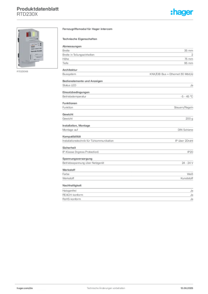 Bild Hager Produktdatenblatt RTD230X | Hager Deutschland