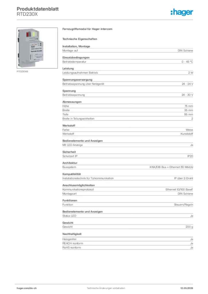 Bild Hager Produktdatenblatt RTD230X | Hager Schweiz