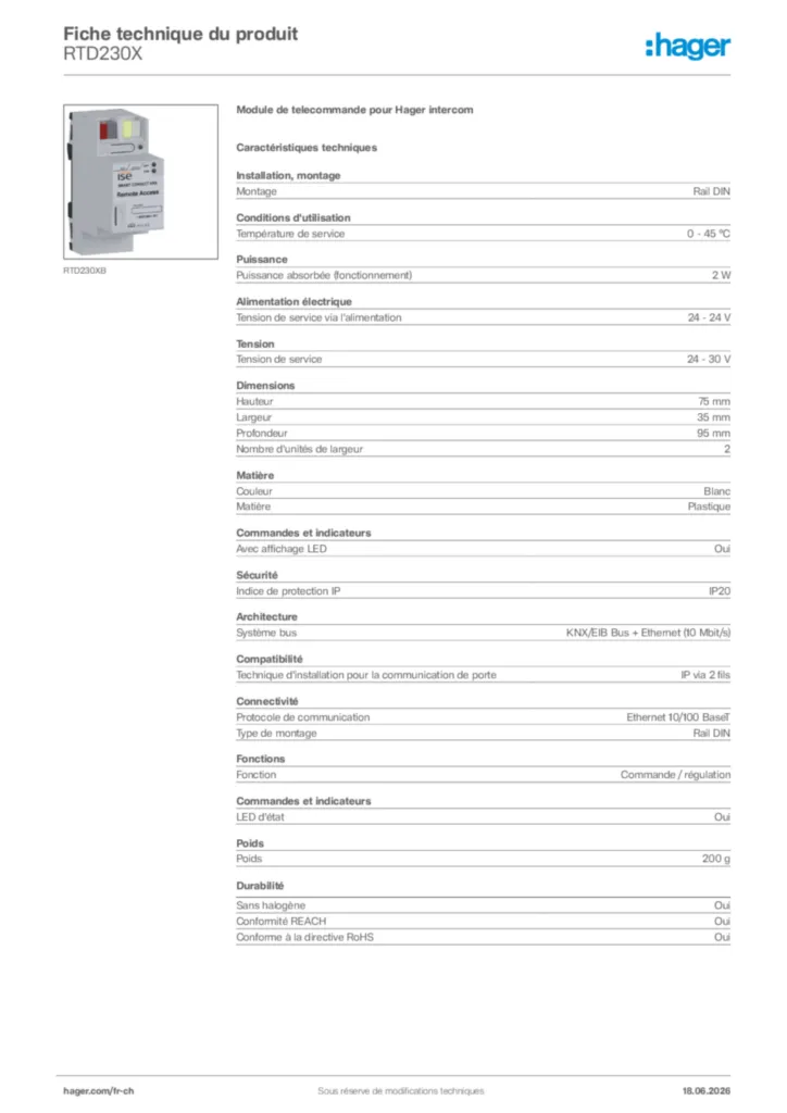 Image Hager Fiche technique du produit RTD230X | Hager Suisse