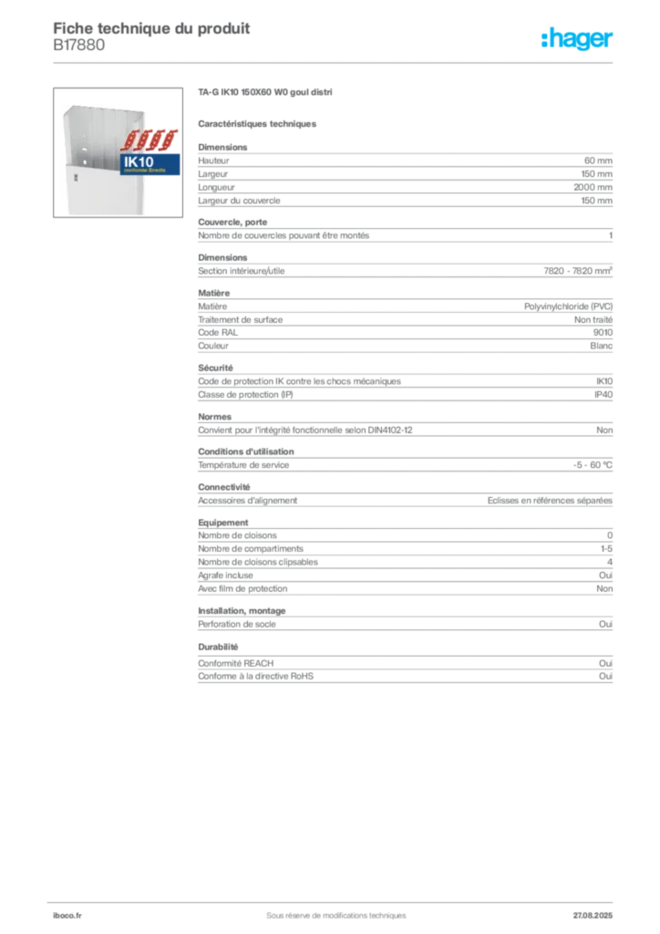 Image Iboco Fiche technique du produit B17880 | Hager France