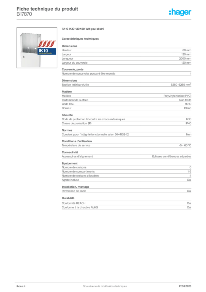 Image Iboco Fiche technique du produit B17870 | Hager France