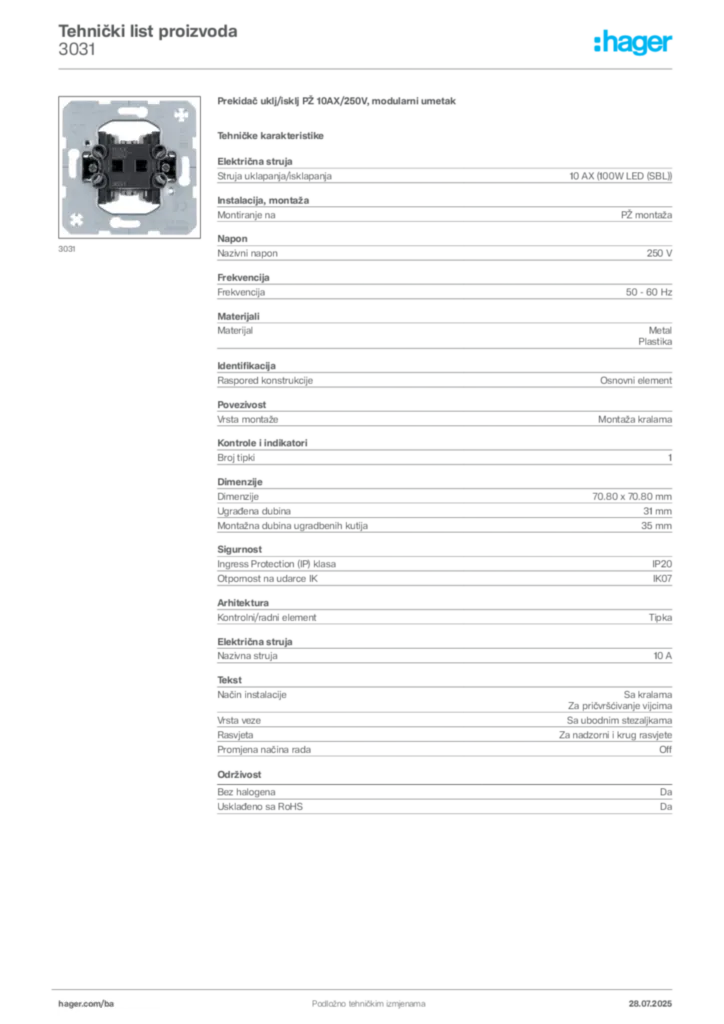 Slika Hager Product data sheet 3031  | Hager