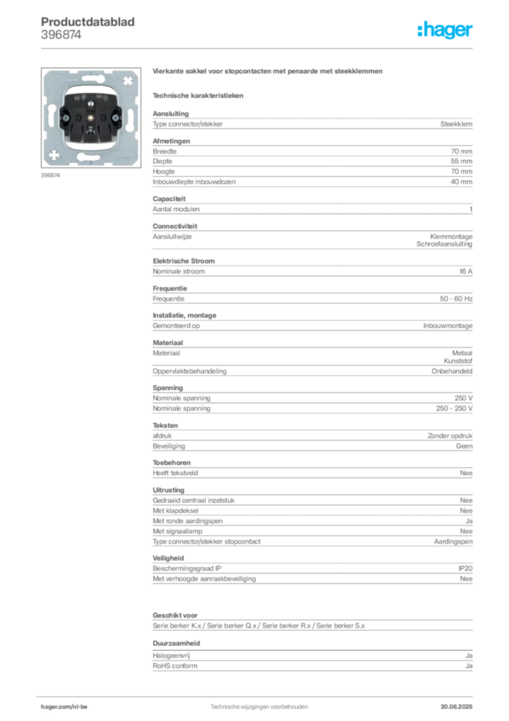 Afbeelding Hager Productdatablad 396874 | Hager Belgium