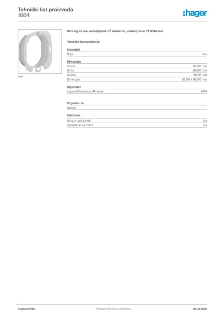 Slika Hager Tehnički list proizvoda 1884  | Hager