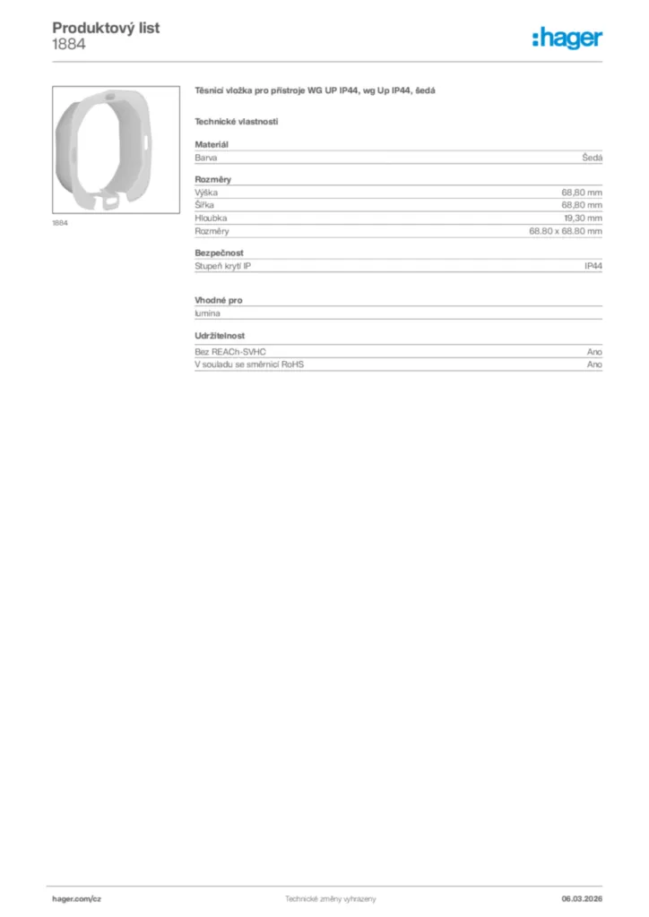 Obrázek Hager Product data sheet 1884 | Hager