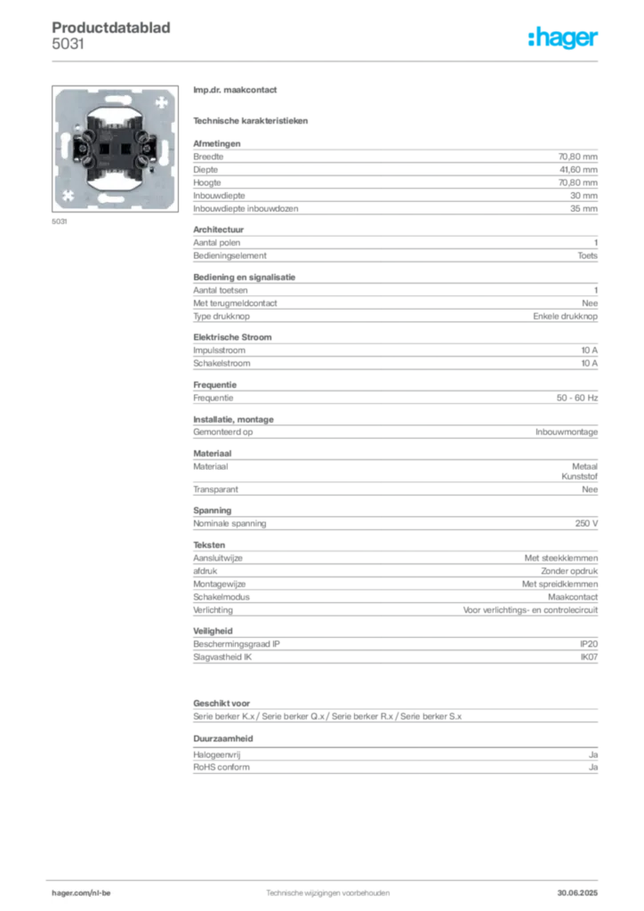 Afbeelding Hager Productdatablad 5031 | Hager Belgium