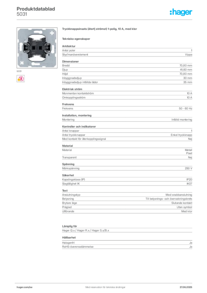 Bild Hager Produktdatablad 5031 | Hager Sverige