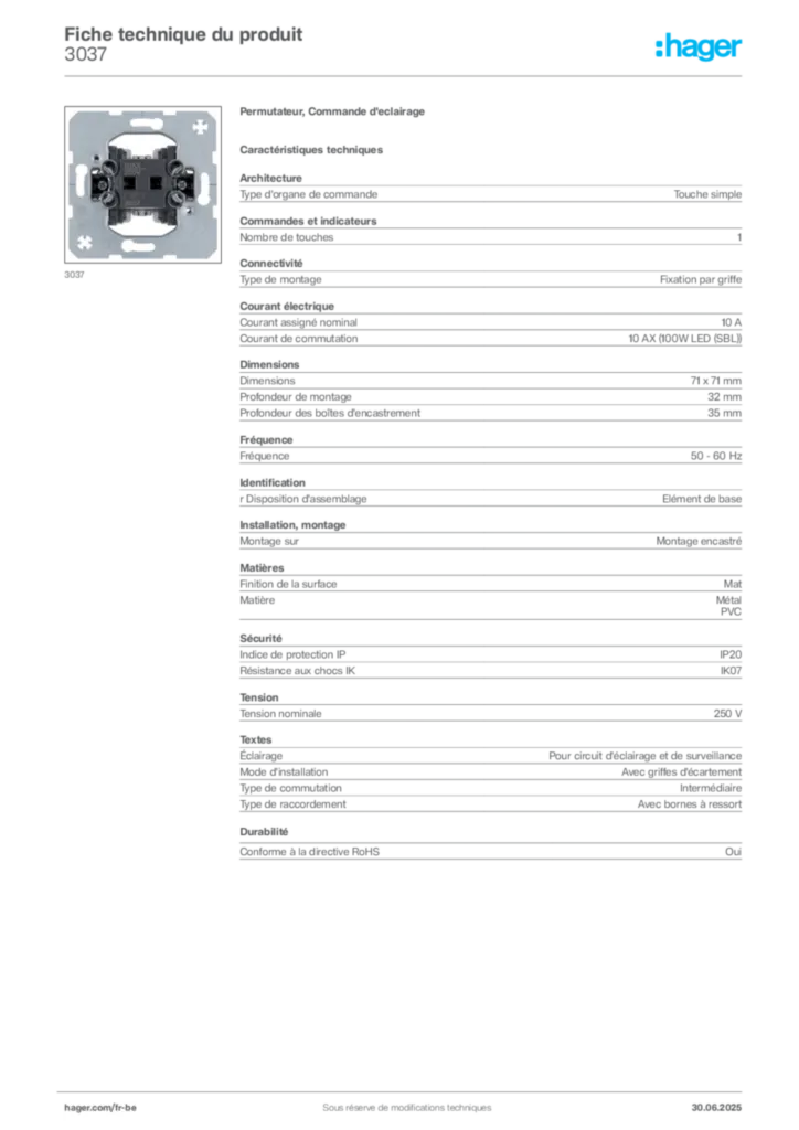 Image Hager Fiche technique du produit 3037 | Hager Belgique