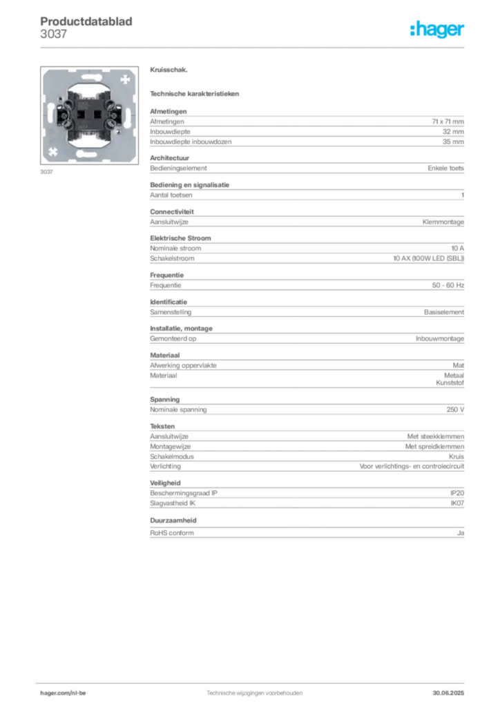 Afbeelding Hager Productdatablad 3037 | Hager Belgium