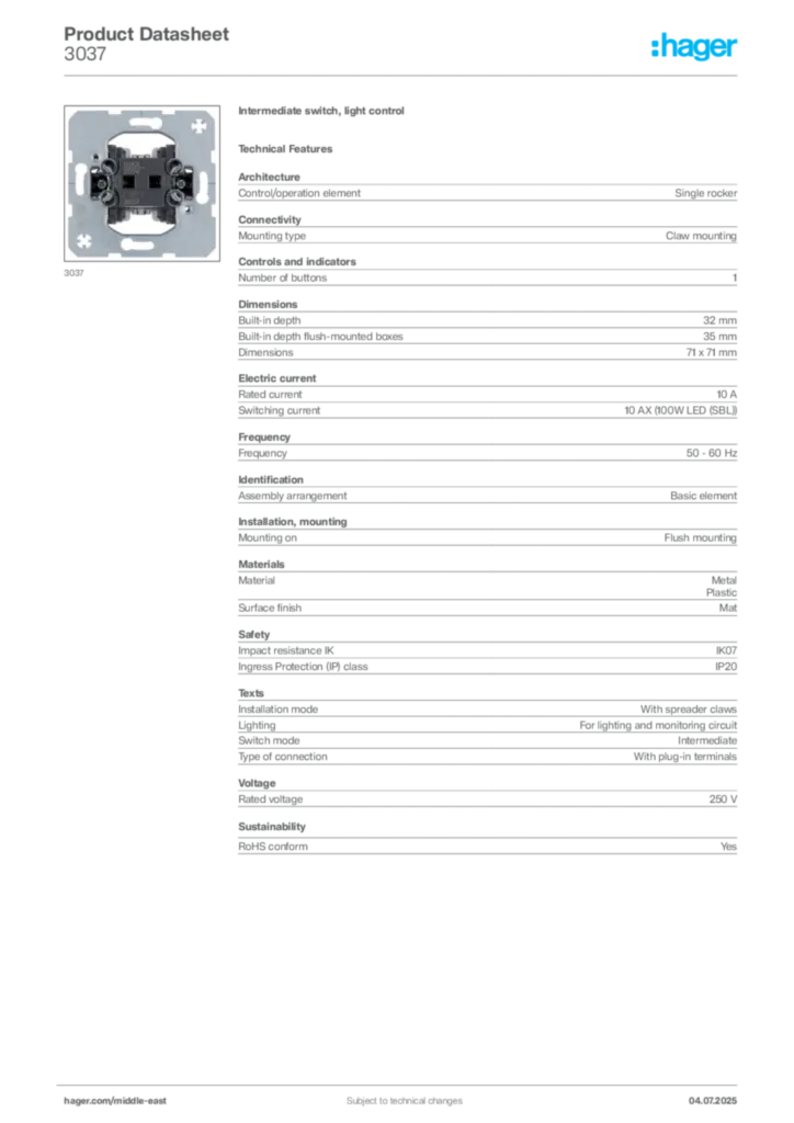 Image Hager Product data sheet 3037  | Hager