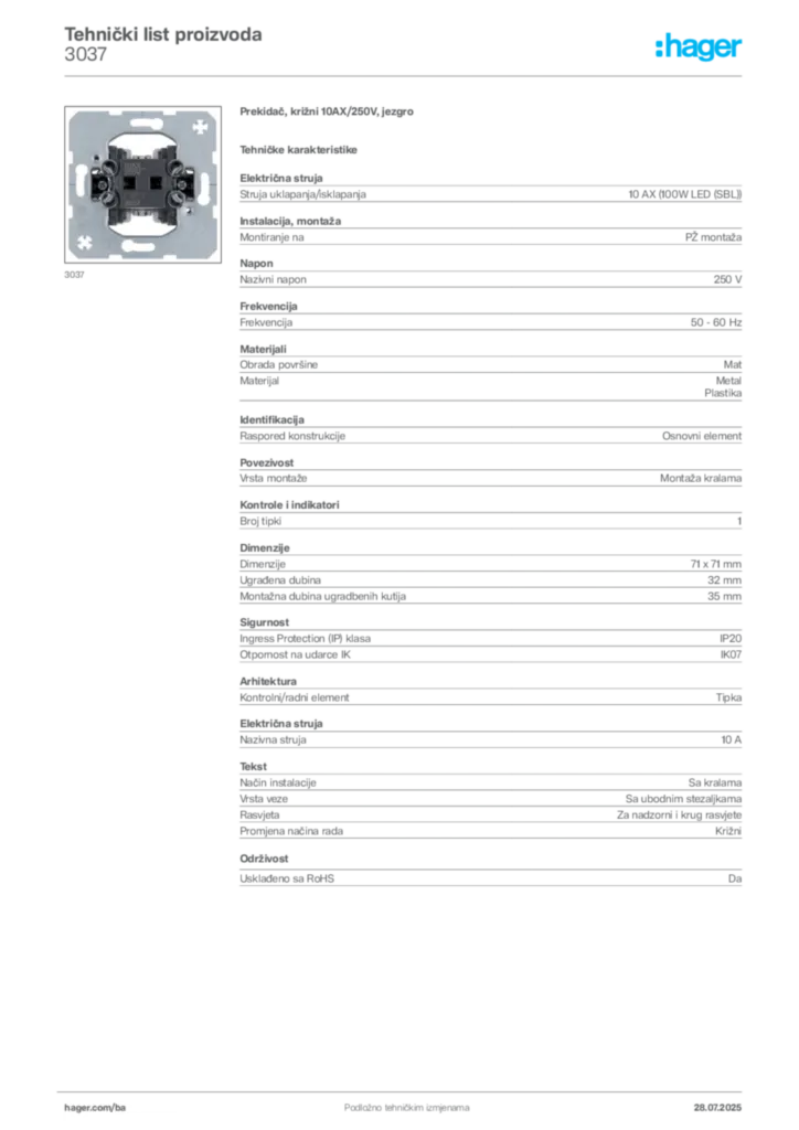 Slika Hager Product data sheet 3037  | Hager