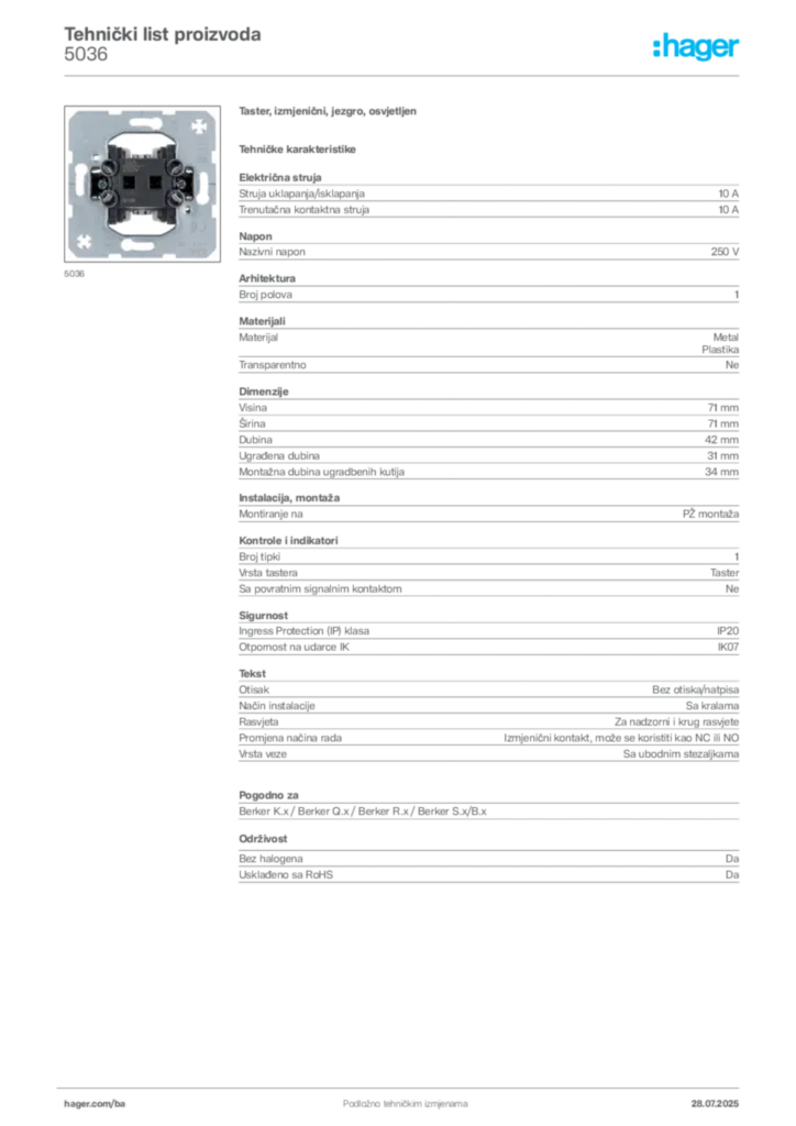 Slika Hager Product data sheet 5036  | Hager