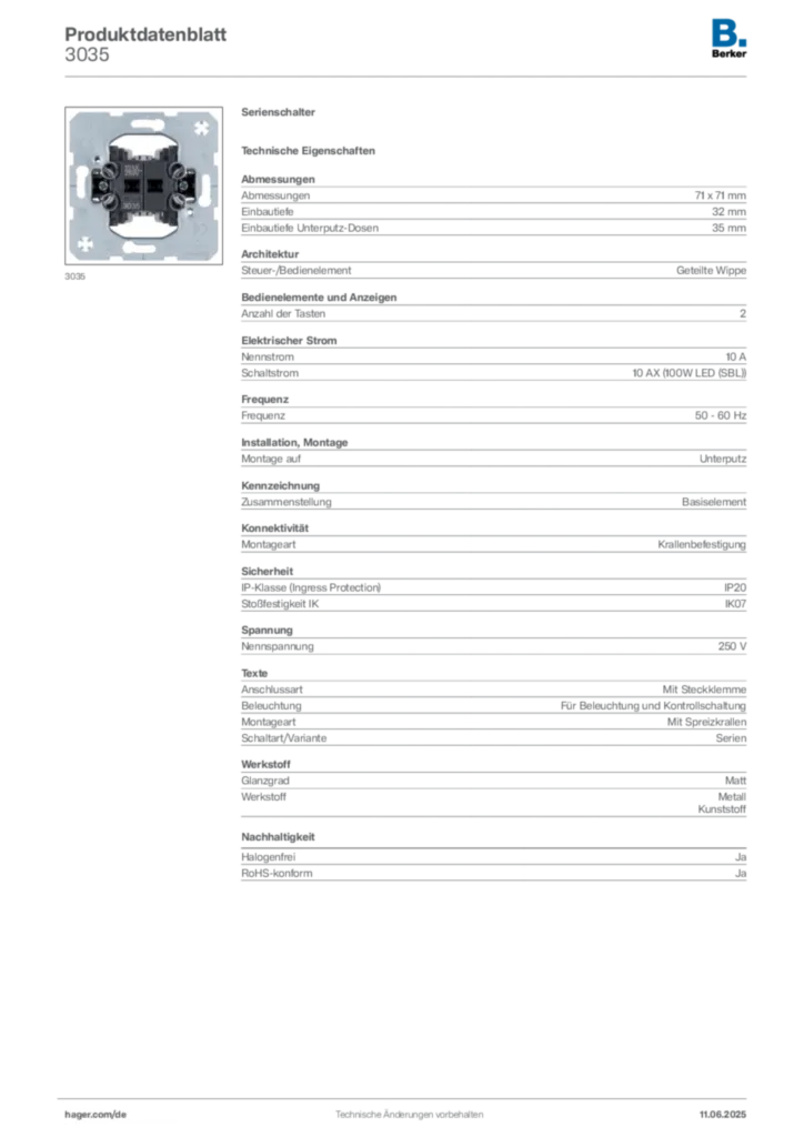 Berker Produktdatenblatt 3035