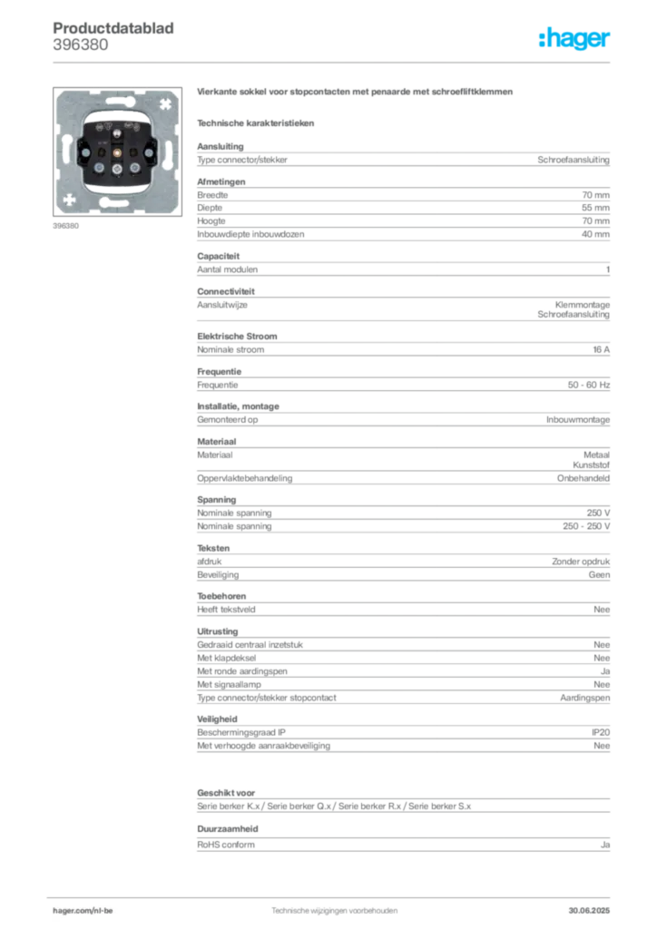 Afbeelding Hager Productdatablad 396380 | Hager Belgium