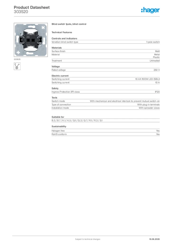 Image Hager Product data sheet 303520  | Hager Africa