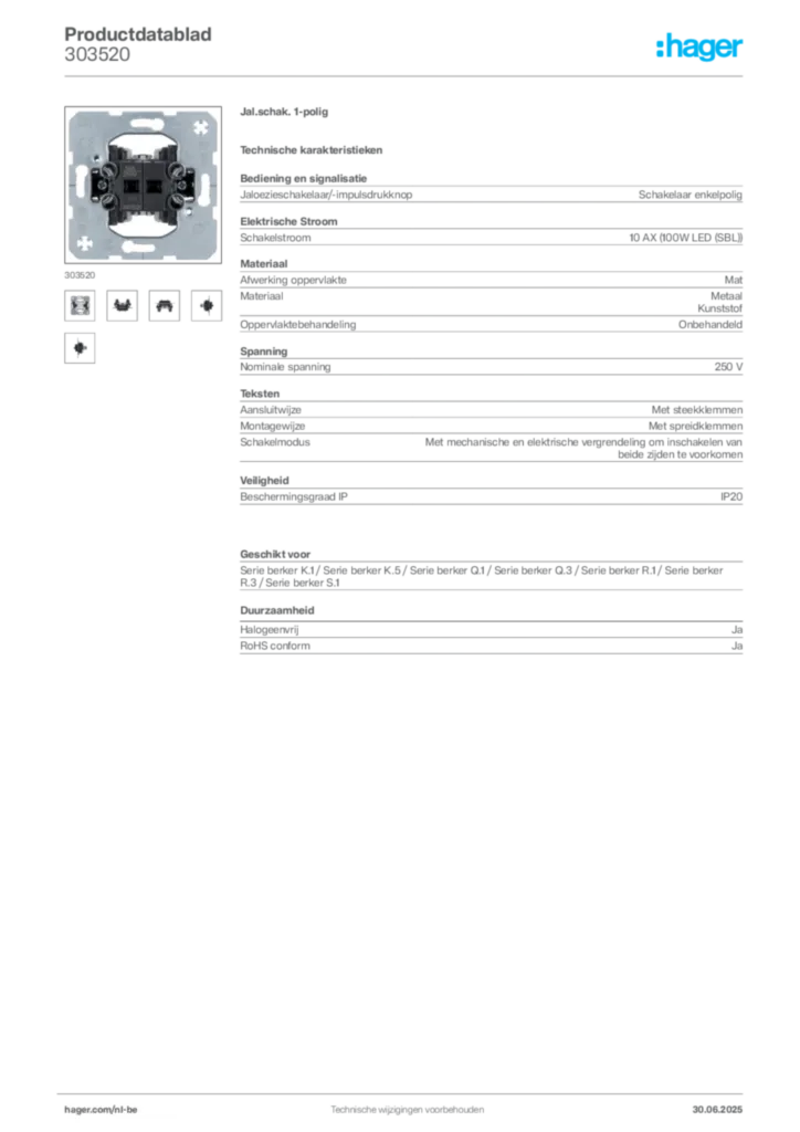 Afbeelding Hager Productdatablad 303520 | Hager Belgium