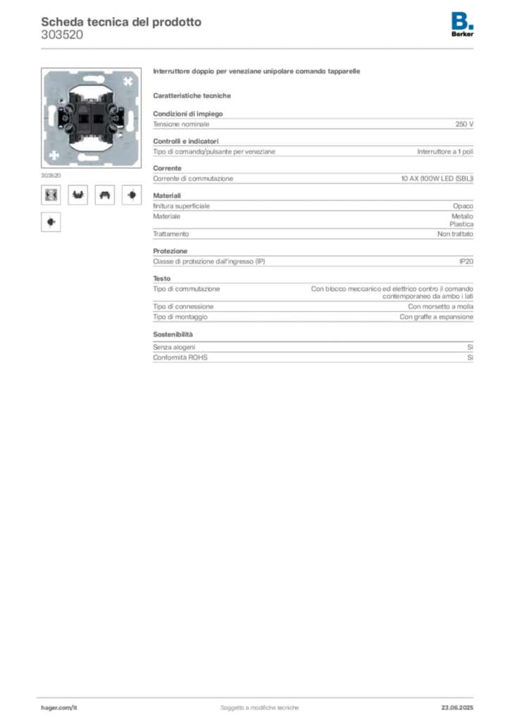Immagine Berker Scheda tecnica del prodotto 303520 | Hager Italia