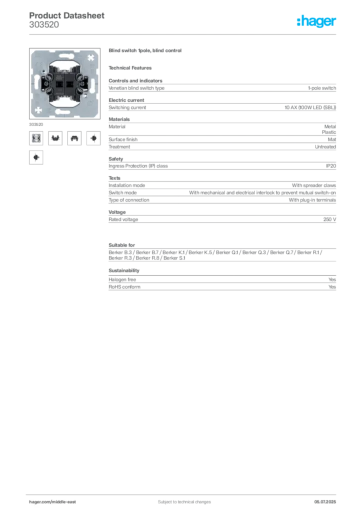 Image Hager Product data sheet 303520  | Hager